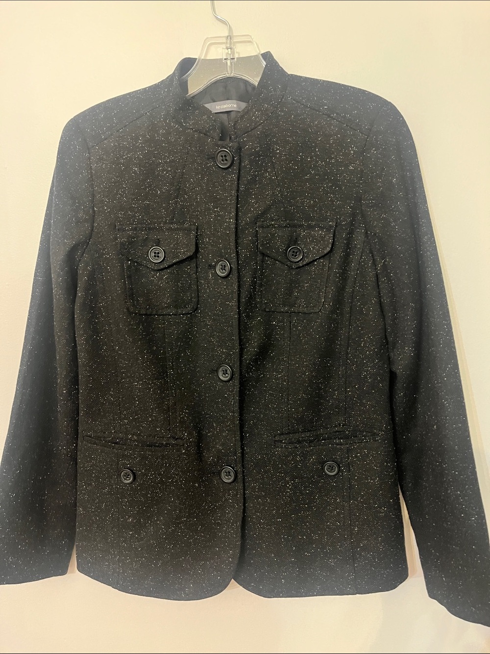 LIz Claiborne Blaxk Tweed Utility Jacket Stand Color Sz 6